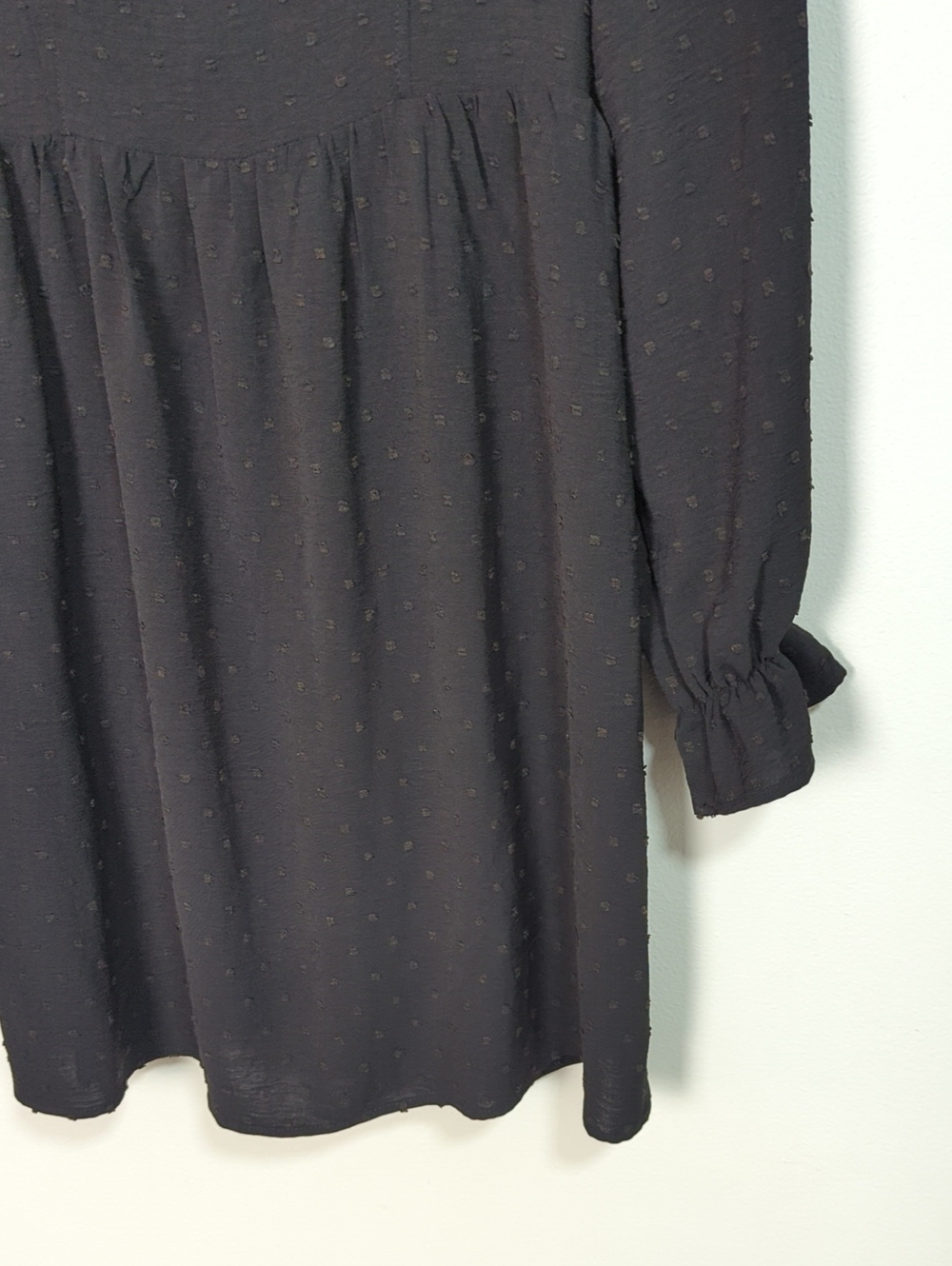 Charmed Hearts Size L Black Swiss Dot Babydoll Dress Long Sleeve Smocked Back - Picture 3 of 7